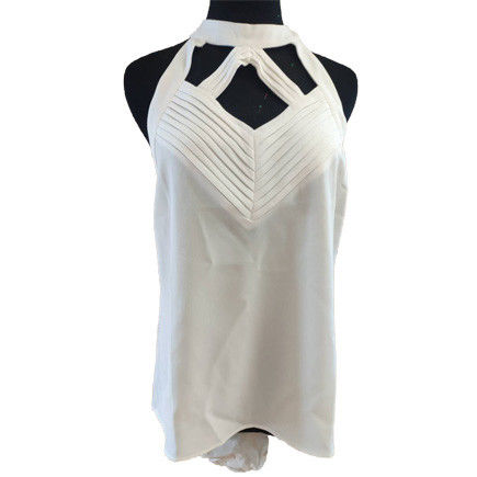 Hollow Out White 100% Viscose Women'S Tank Tops With Round Collar